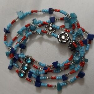 Boho Blue Red 5 Multi Strand Elastic Slip On Beaded Bracelet